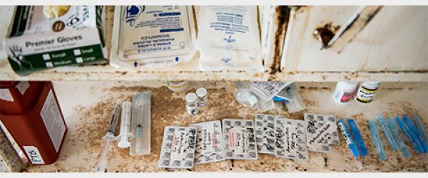 rusted shelf of medicines, medical supplies