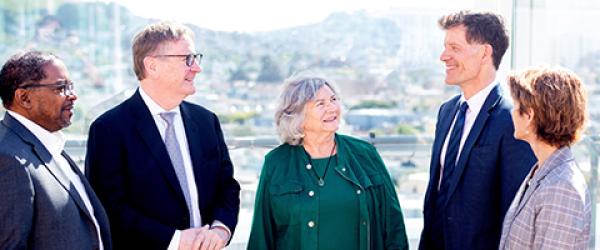 From left to right are UCSF School of Medicine Dean Talmadge King, UCSF Chancellor Sam Hawgood, UCSF Vice Dean Dr. Sue Carlisle, Dr. Grant Colfax and ZSFG CEO Susan Ehrlich. 