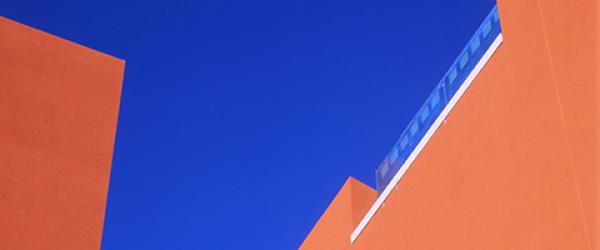 Abstract of Rutter Center building with sky