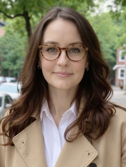 Woman with long wavy brown hair wearing glasses and a tan trench coat over a while collared shirt.