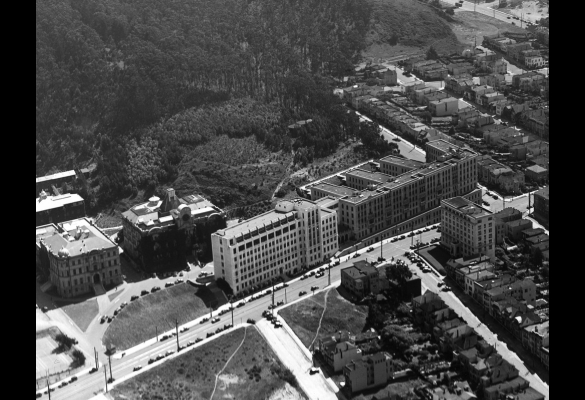 Aerial view of the UCSF Parnassus Campus, circa 1935-1940.