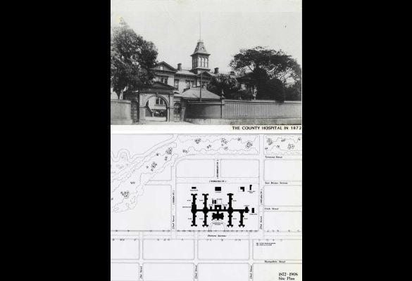 Split image of County Hospital in 1872 on top and below a site plan drawing of the grounds and buildings.
