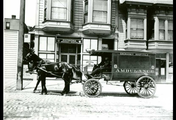 Horse-drawn ambulance in front of Potrero Emergency Hospital in 1906.