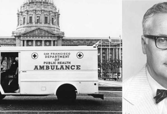 Split panel of ambulance in front of San Francisco City Hall on left and William Blaisdell in glasses and a bowtie on right.