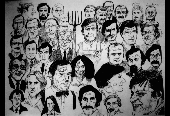 Black and white cartoon caricature of faculty roster in 1979.