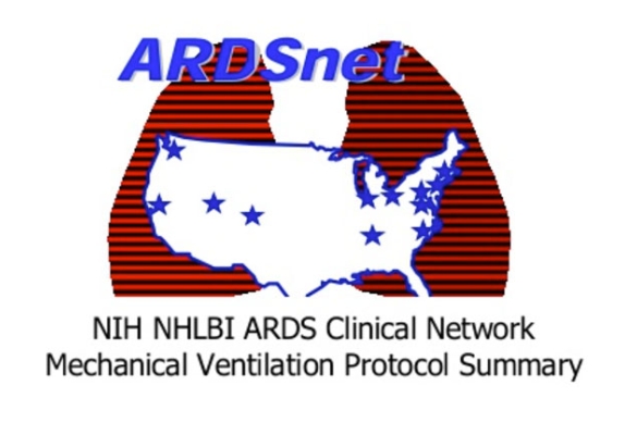 ARDSnet logo with cartoon of United States map over red lungs.