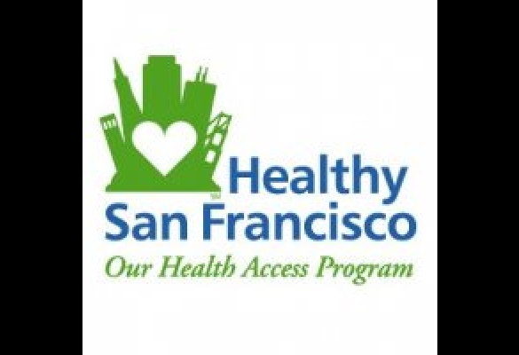 Healthy San Francisco logo in with cartoon city in green and blue on white background.