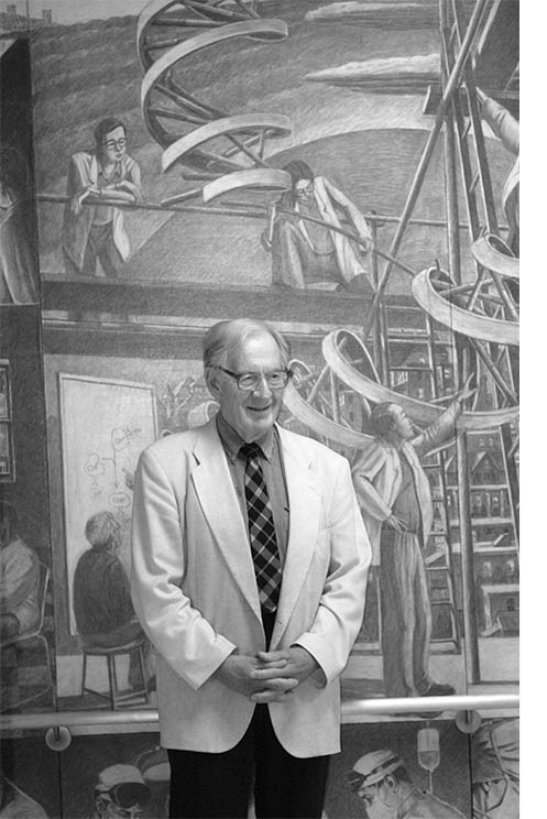 Dr. John Severinghaus in front of the mural in the Medical Sciences Building at the UCSF Parnassus Campus